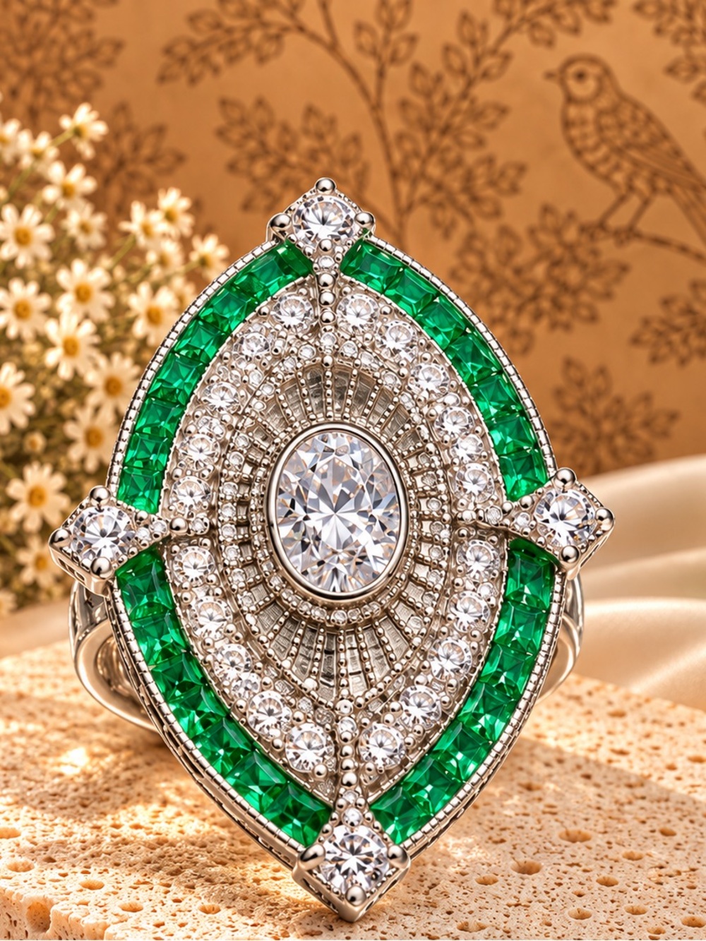 Emerald Green Statement Ring | Vintage Glam Crystal Cocktail Ring | Luxury
